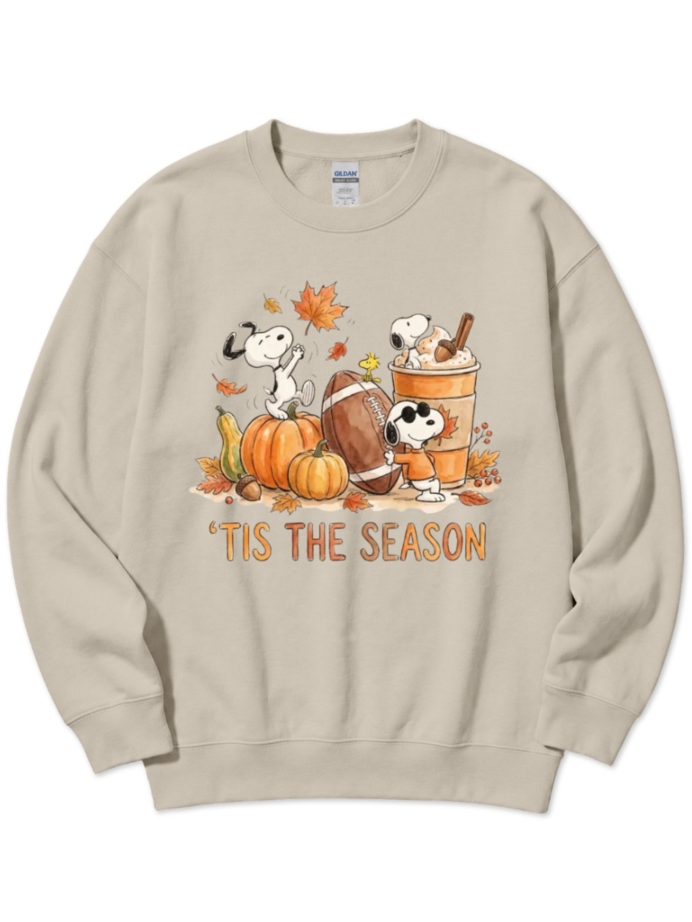 Gildan Sand Cute Puppy 'Tis The Season Fall Graphic Crewneck Sweatshirt